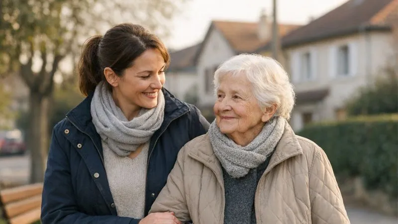Une intervenante marche bras dessus bras dessous avec une dame âgée dans une rue résidentielle