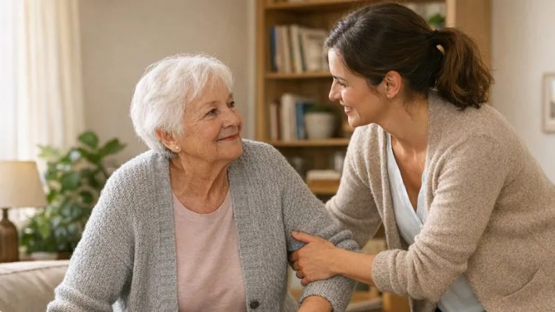 Une auxiliaire de vie aide une dame âgée à se lever en lui tenant le bras, dans son salon