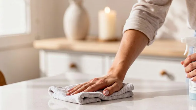 Une main essuie un plan de travail de cuisine avec un chiffon microfibre et un vaporisateur